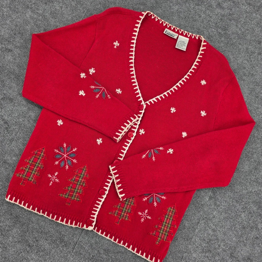 Capacity Red Christmas Tree Snowflake Cardigan Sweater XL Whipstitch Holiday